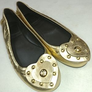 Tory Burch Metallic Leather Gold Double Heart Scre
